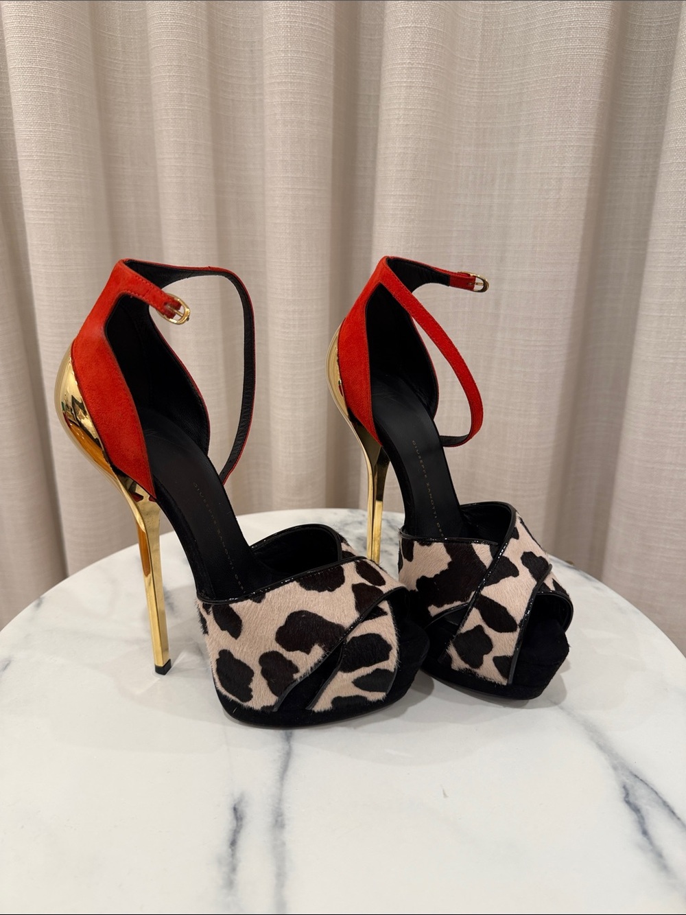 Giuseppe Zanotti Red Suede & Gold Stiletto Heels with Cow-Print Platform
